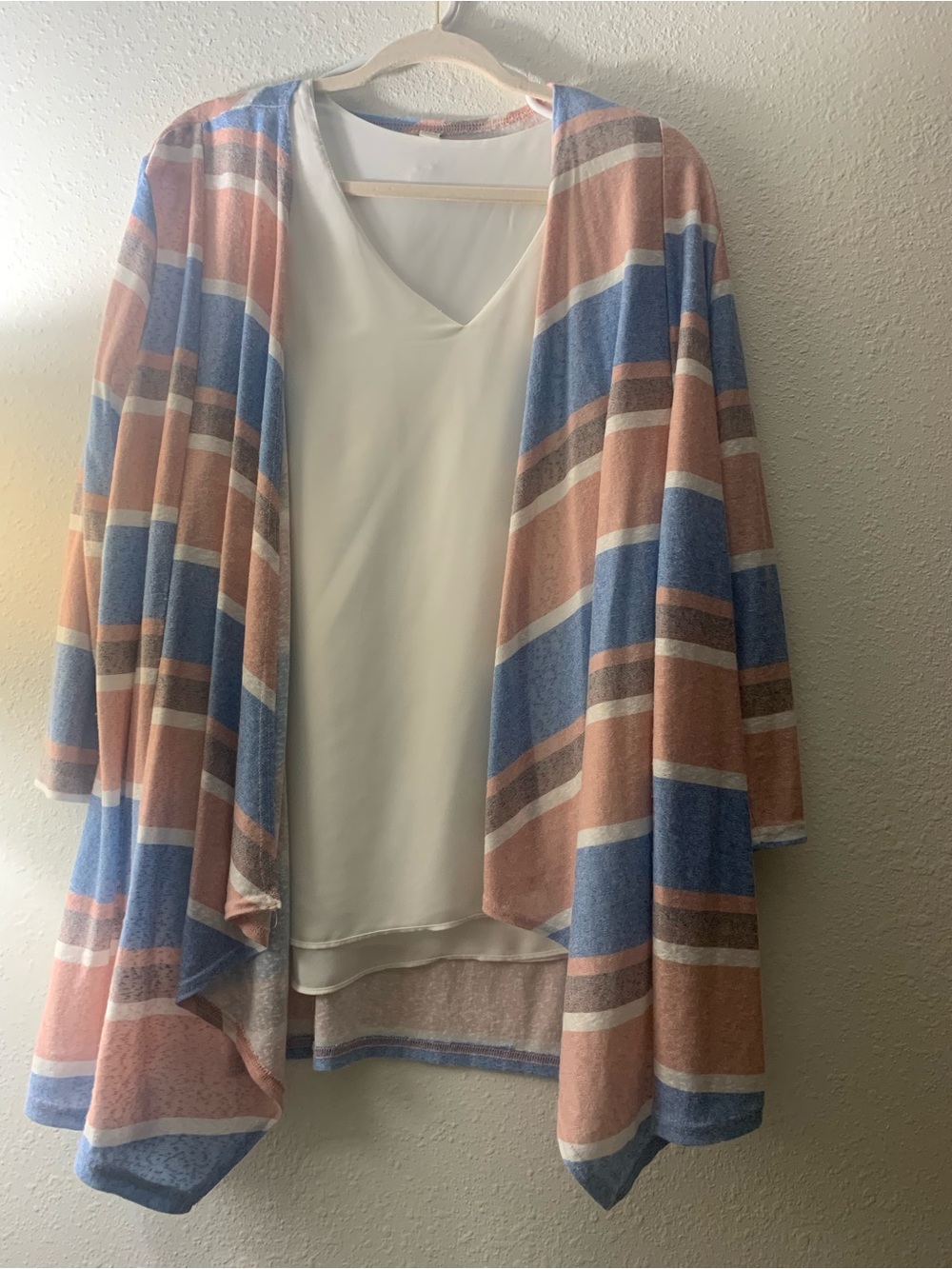 Striped Waterfall Open-Front Cardigan in Blue & Peach with Ivory Sleeveless Top